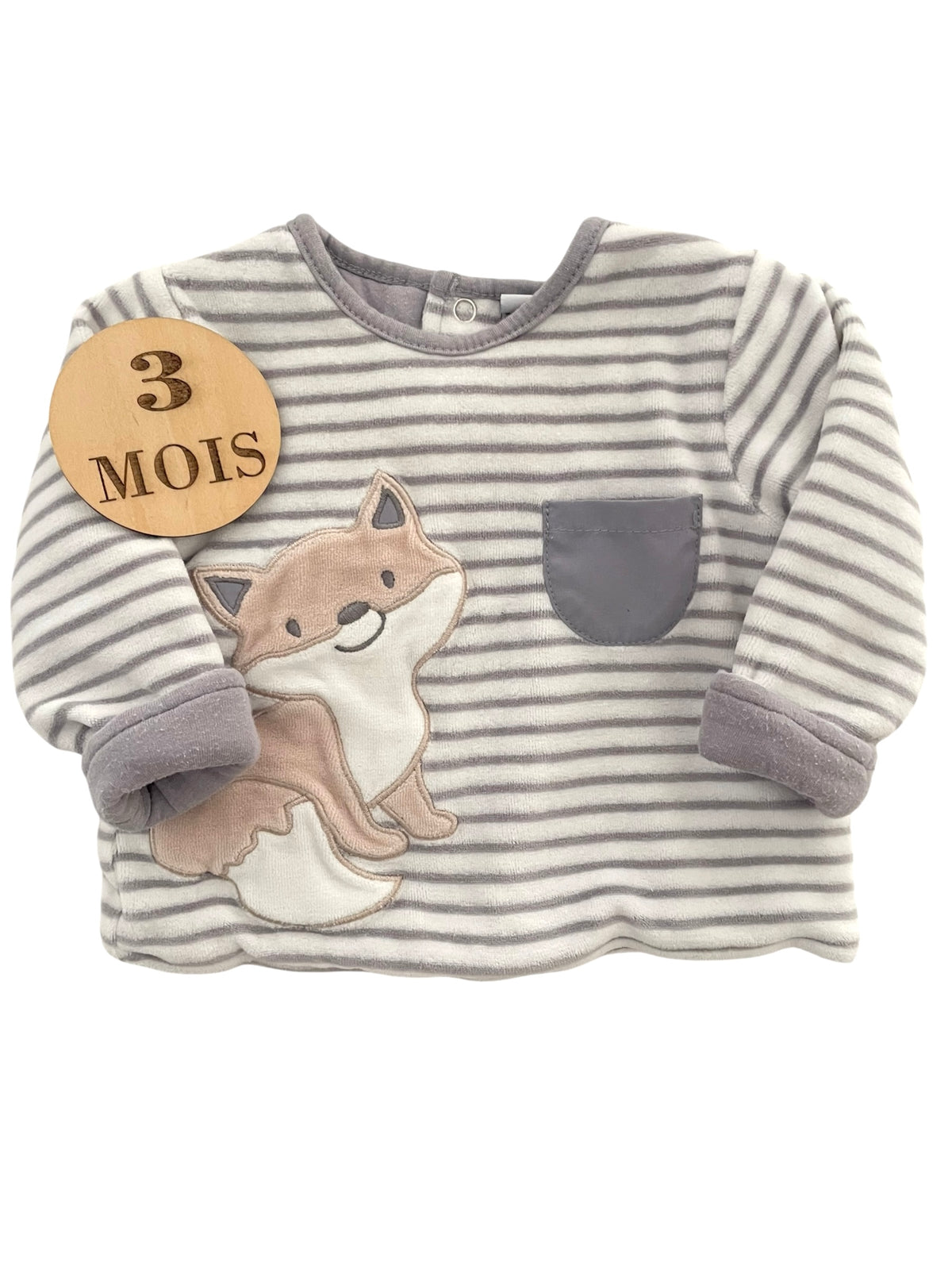 Pull épais velours, rayé gris, renard