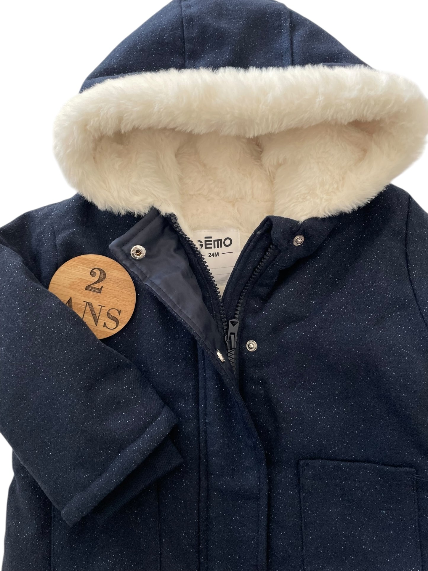 Manteau bleu-marine pailleté, fourré, Gémo