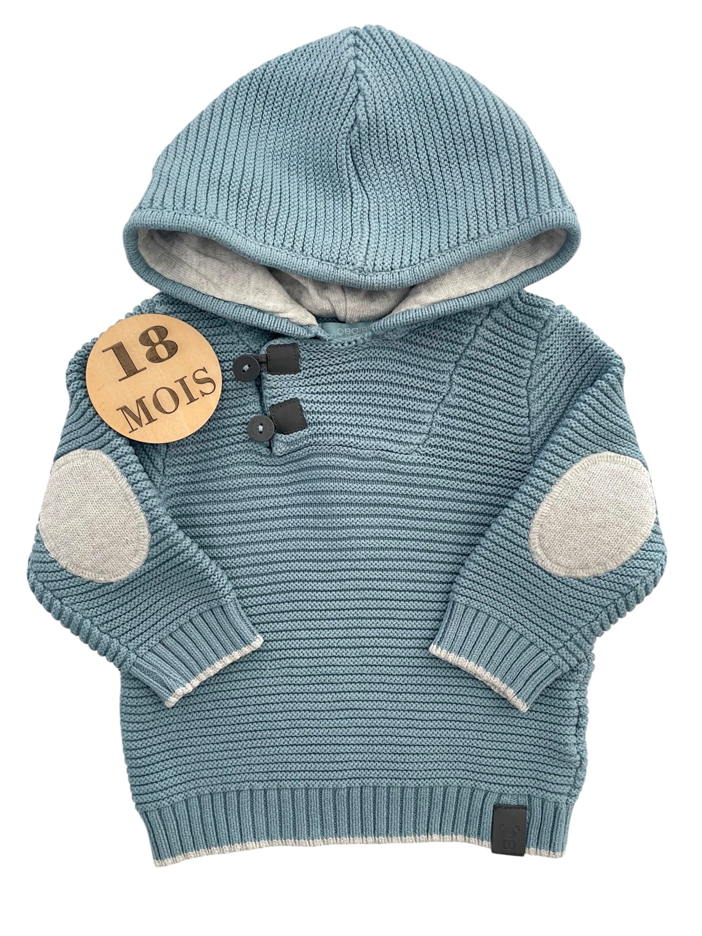 Pull en mailles, bleu, à capuche, Obaïbi