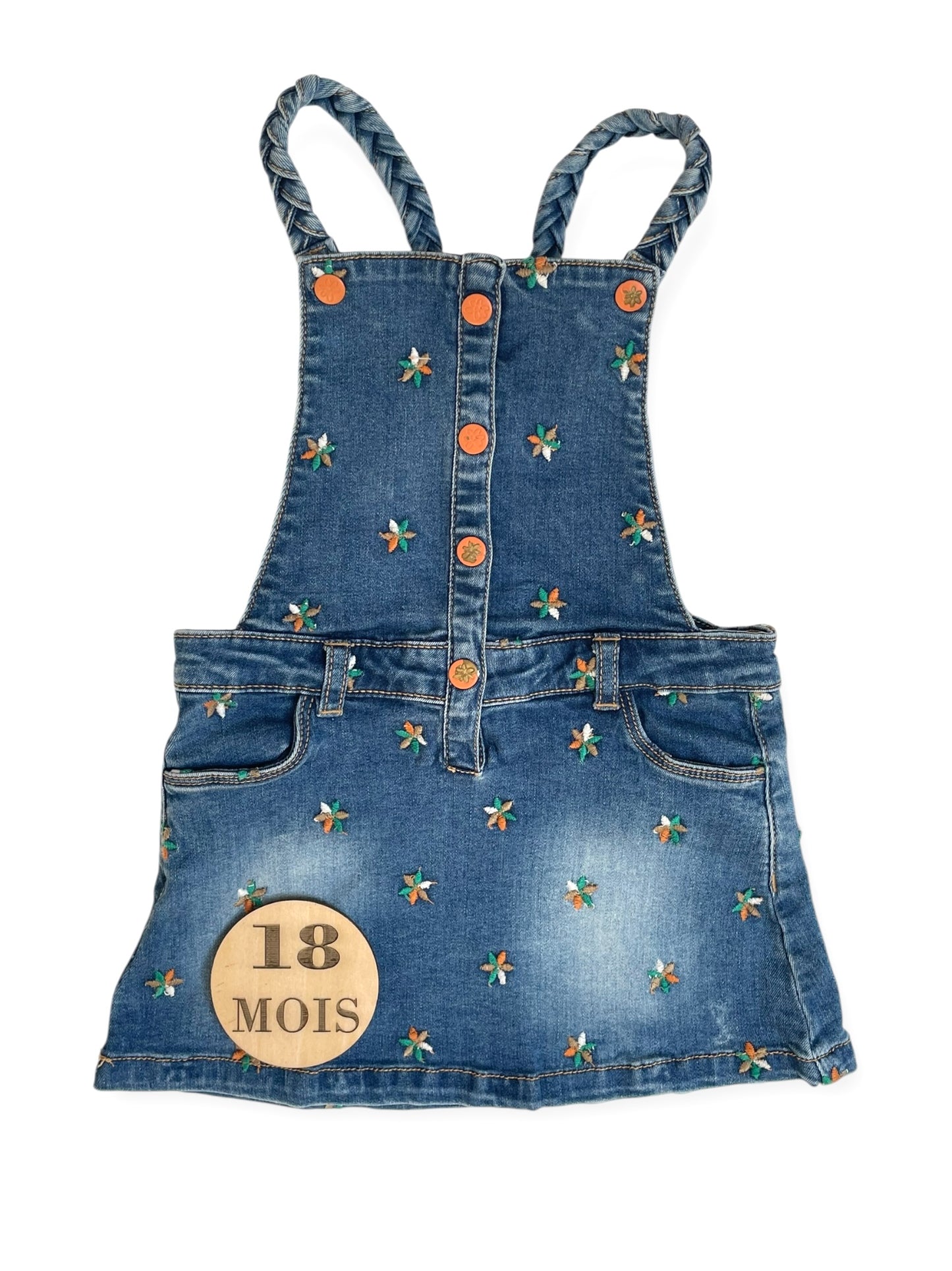 Robe salopette en jean, fleurie, Gémo