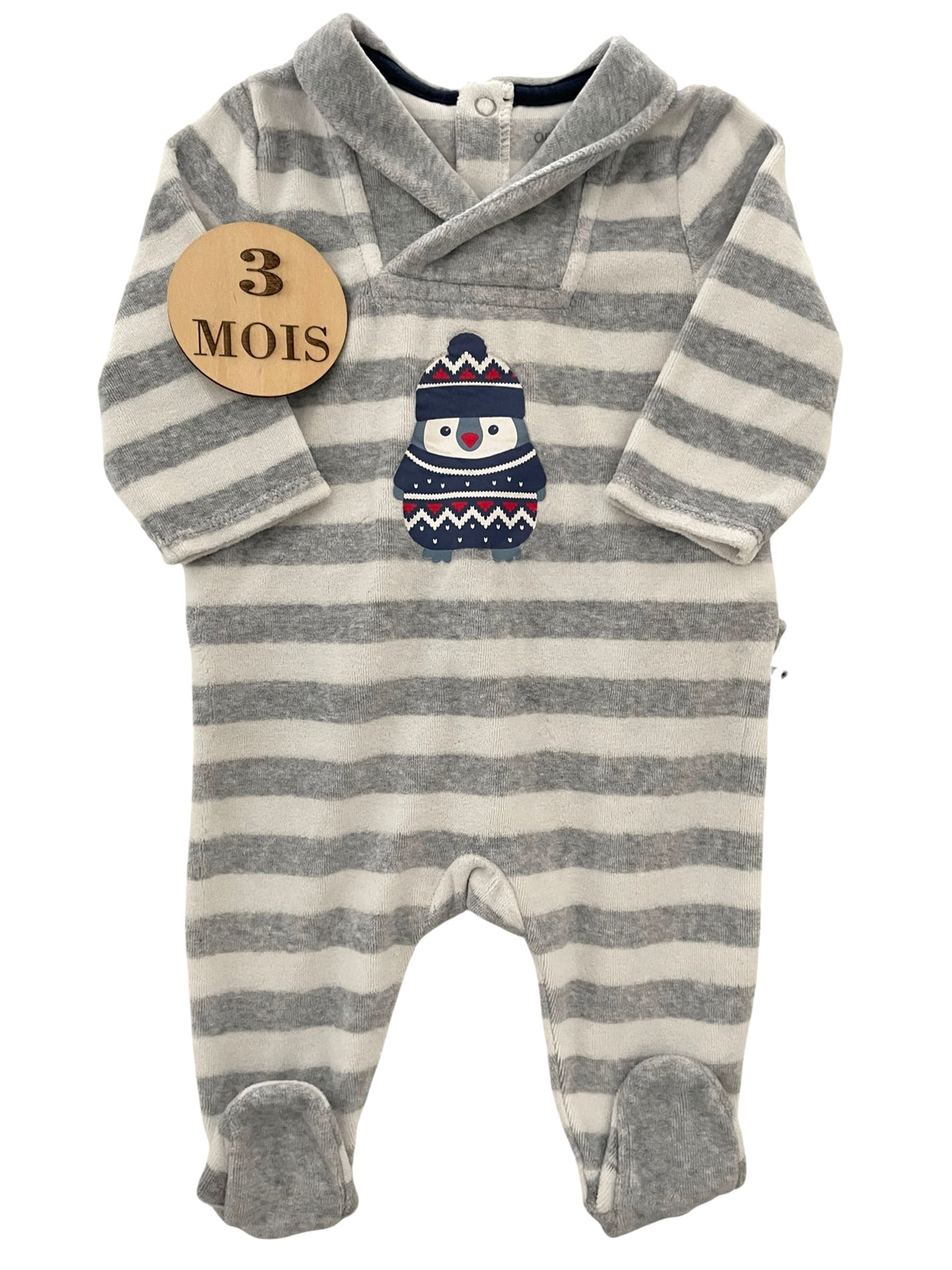 Pyjama velours, rayé gris, pingouin, Obaïbi
