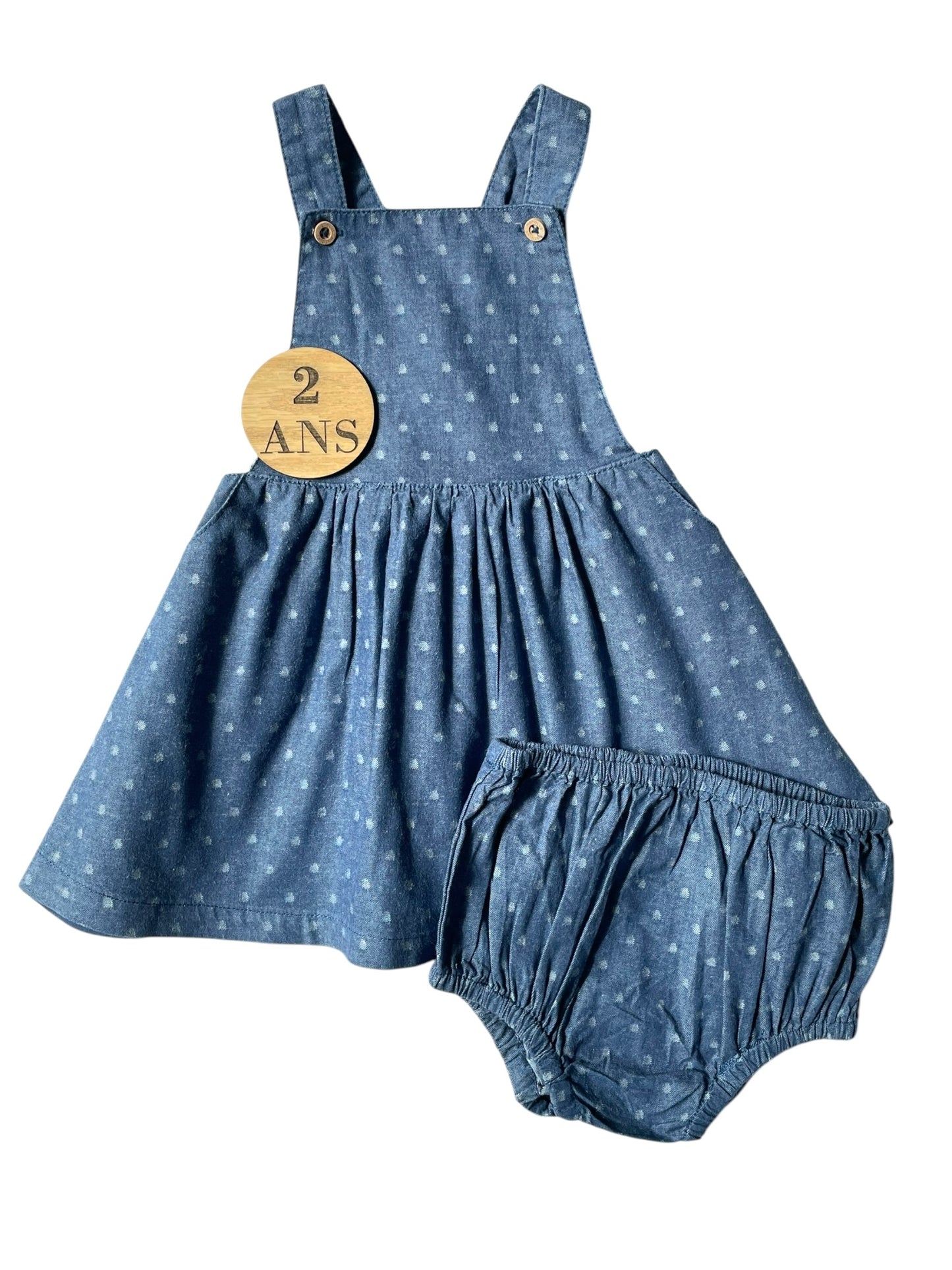 Robe salopette couleur jean + bloomer, Natalys