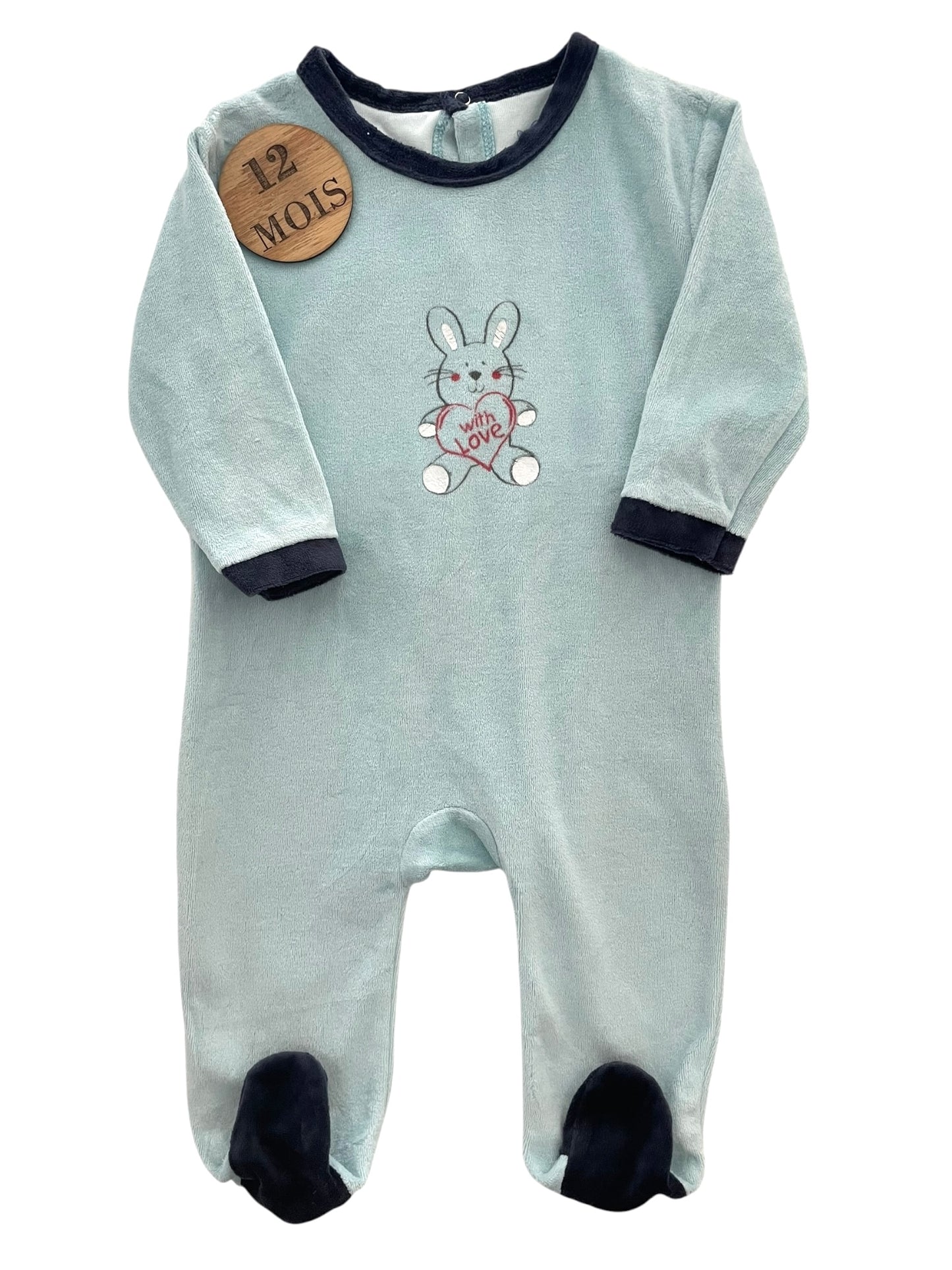Pyjama velours, bleu-ciel, lapin, Pommette