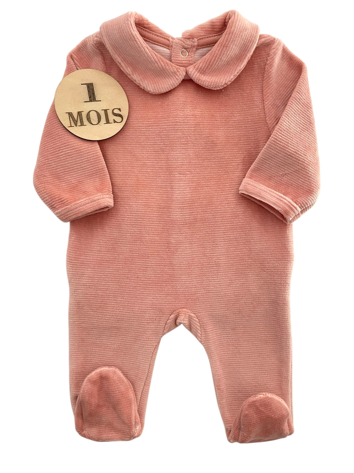 Pyjama velours à col, rose pêche, Vertbaudet