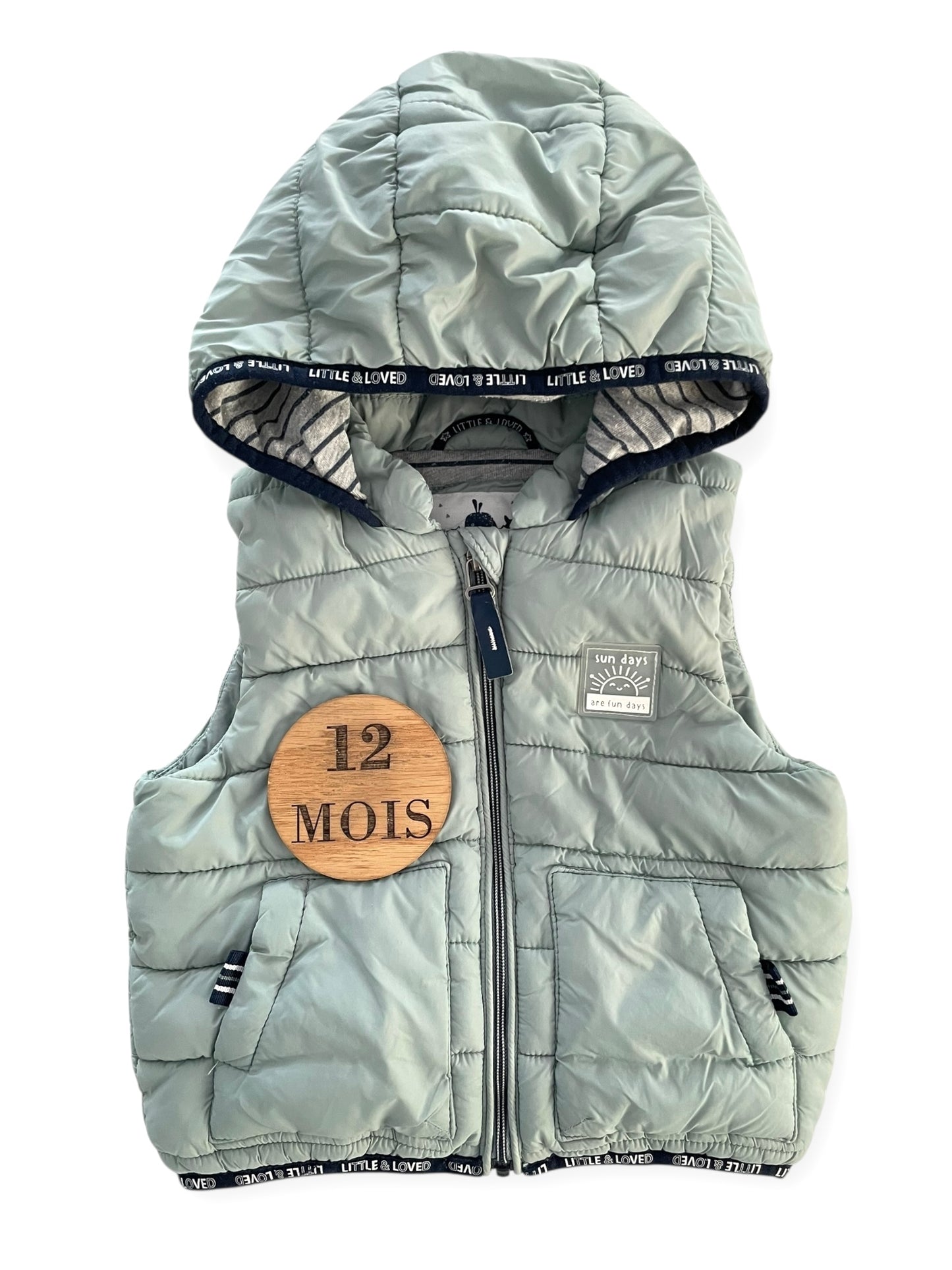Doudoune sans manche, à capuche, gris / vert-clair, Little & Loved