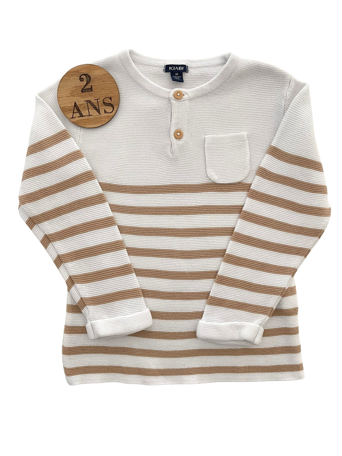 Pull en mailles, rayé, beige et blanc, Kiabi