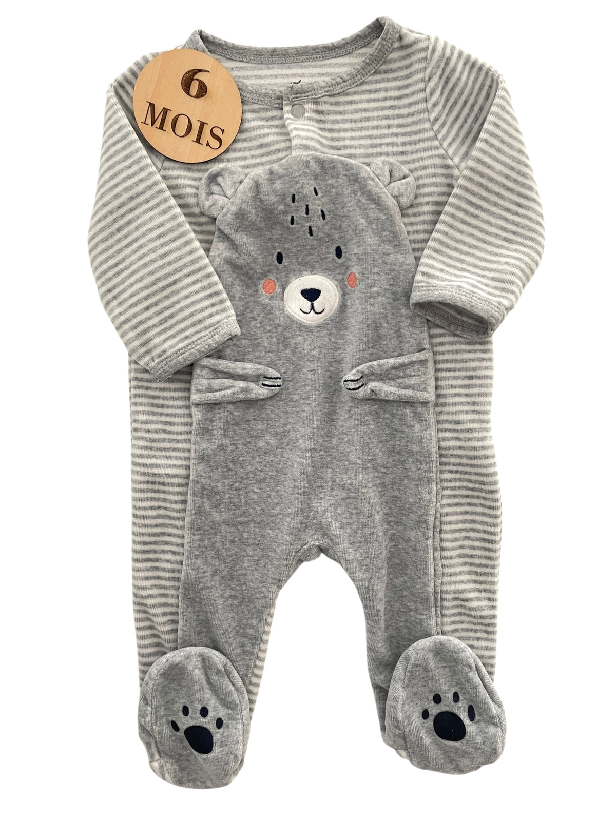 Pyjama velours gris, rayé, ours, Sergent Major