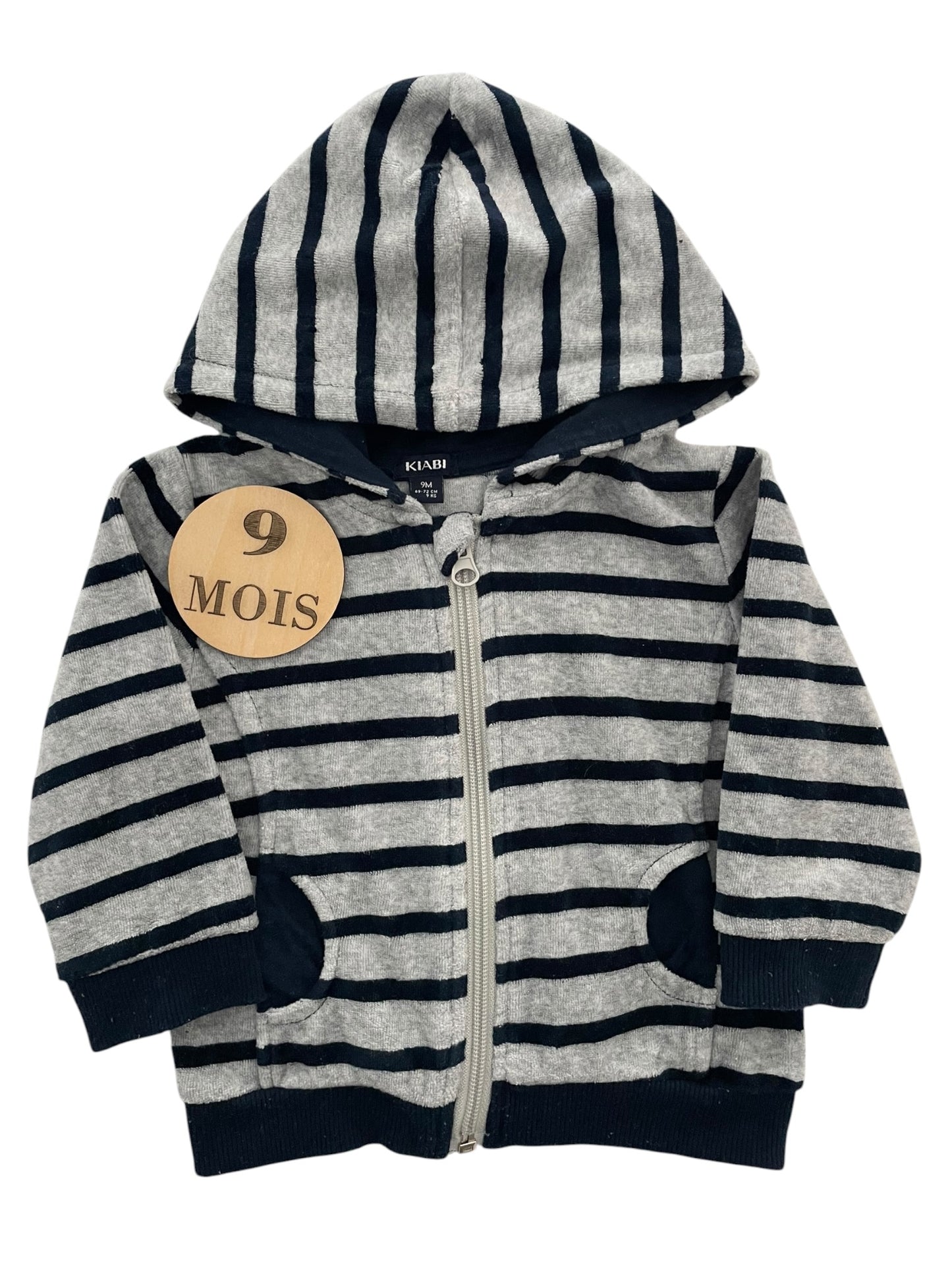 Gilet à capuche, velours, rayé gris, Kiabi