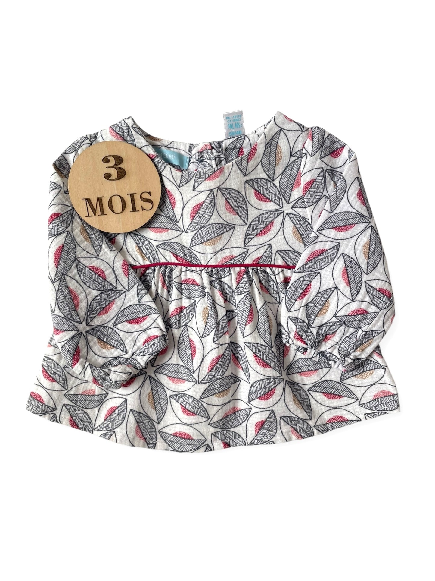 Blouse grise fleurie, gaze de coton Obaibi