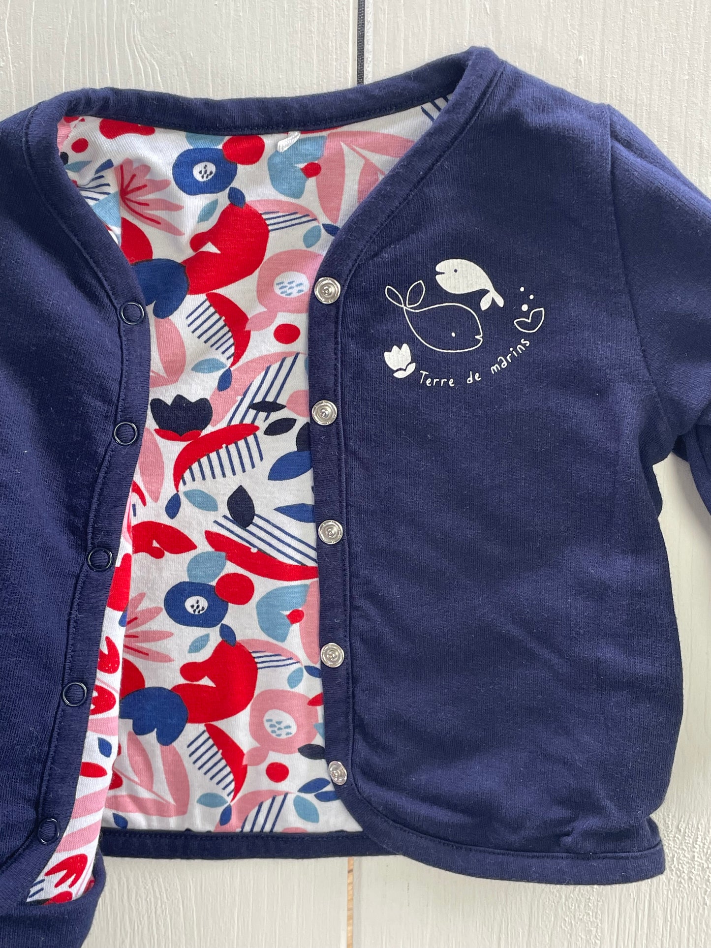 Gilet réversible, bleu-marine et fleuri, Terre de Marins