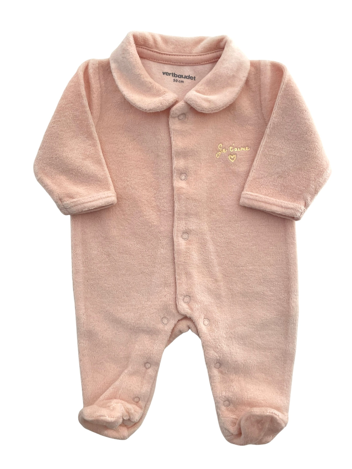 Pyjama velours rose pêche, à col, Vertbaudet