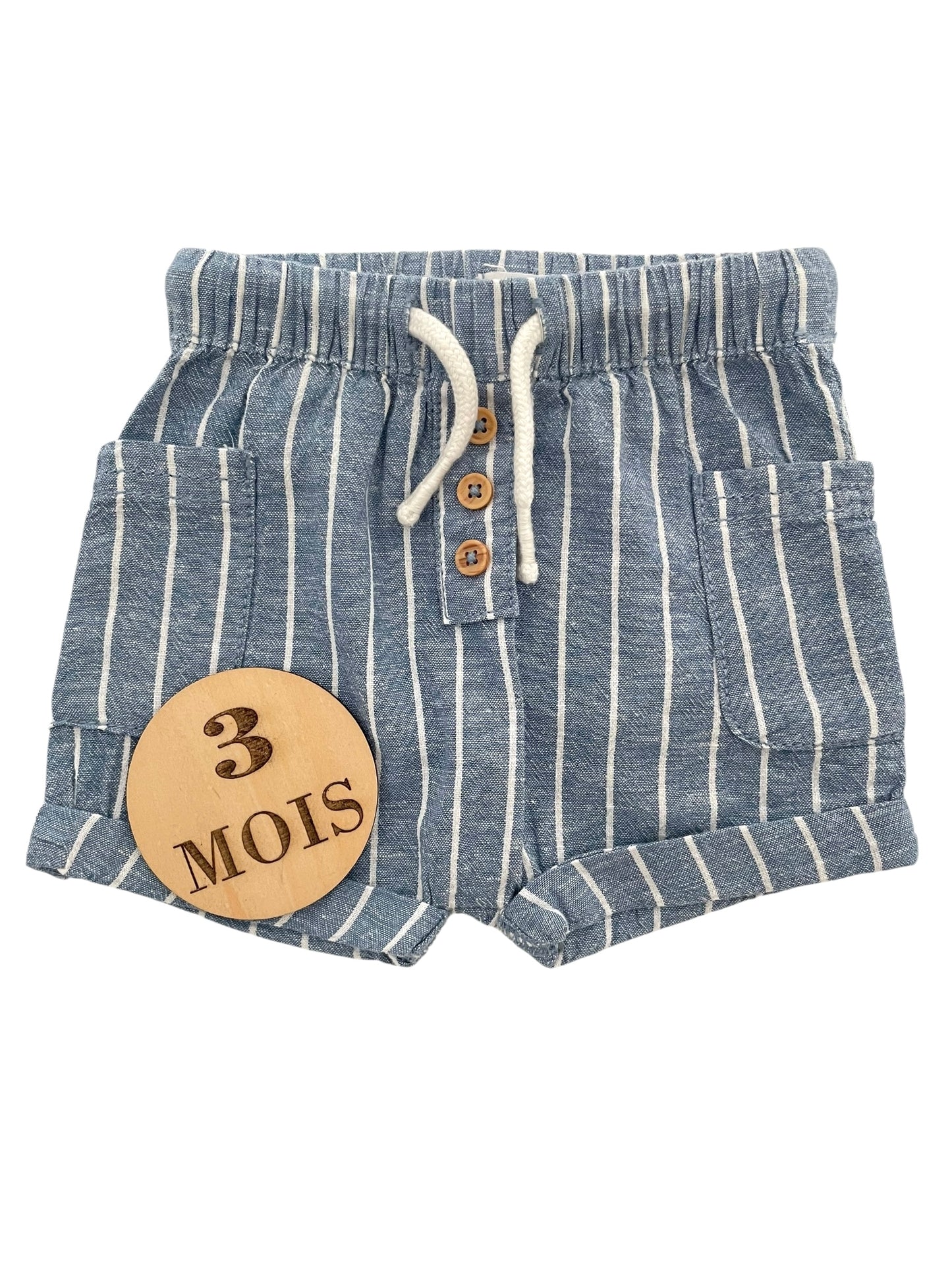 Short rayé bleu, 20% lin, Vertbaudet