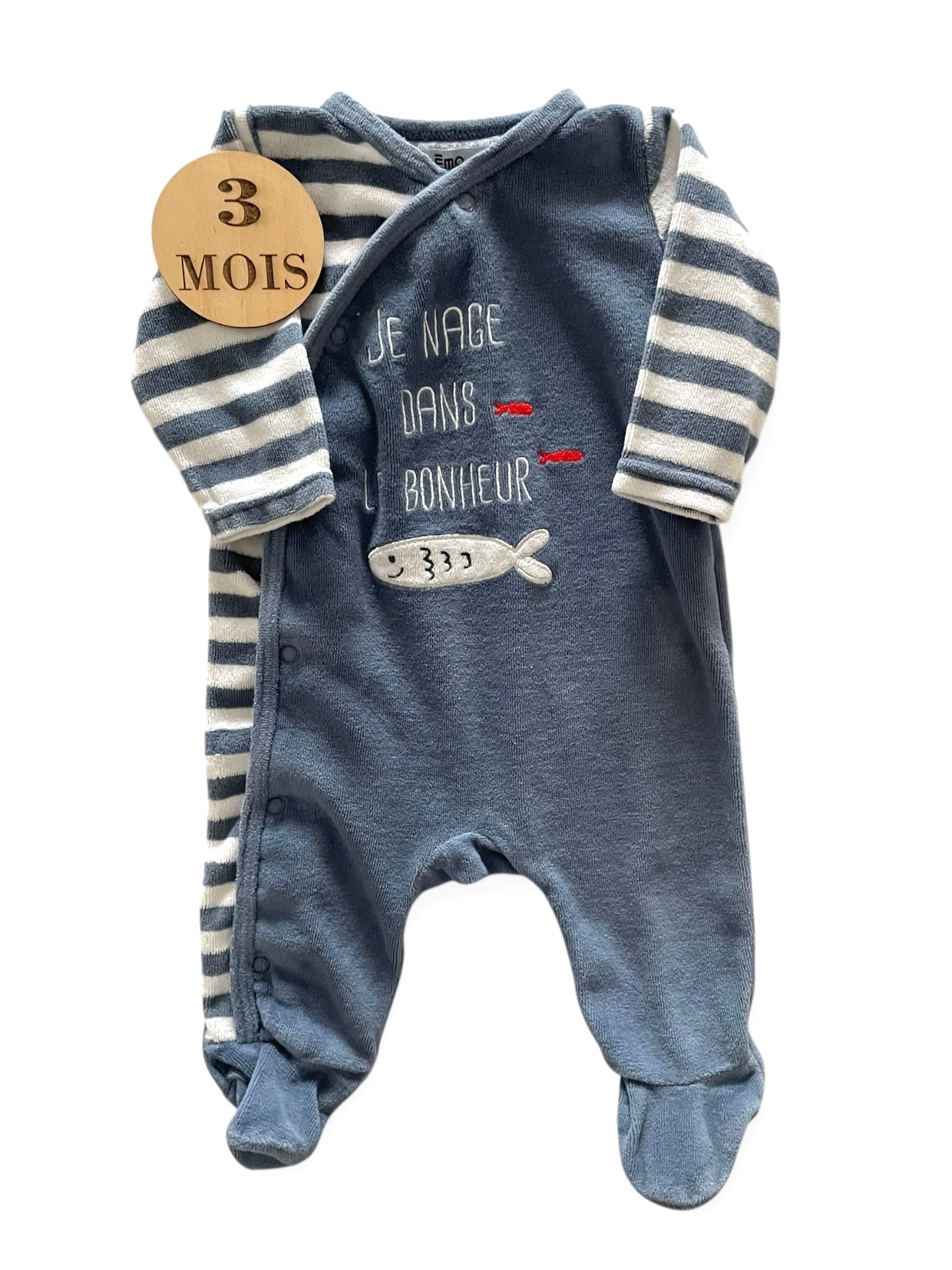 Pyjama velours rayé, bleu, Gémo