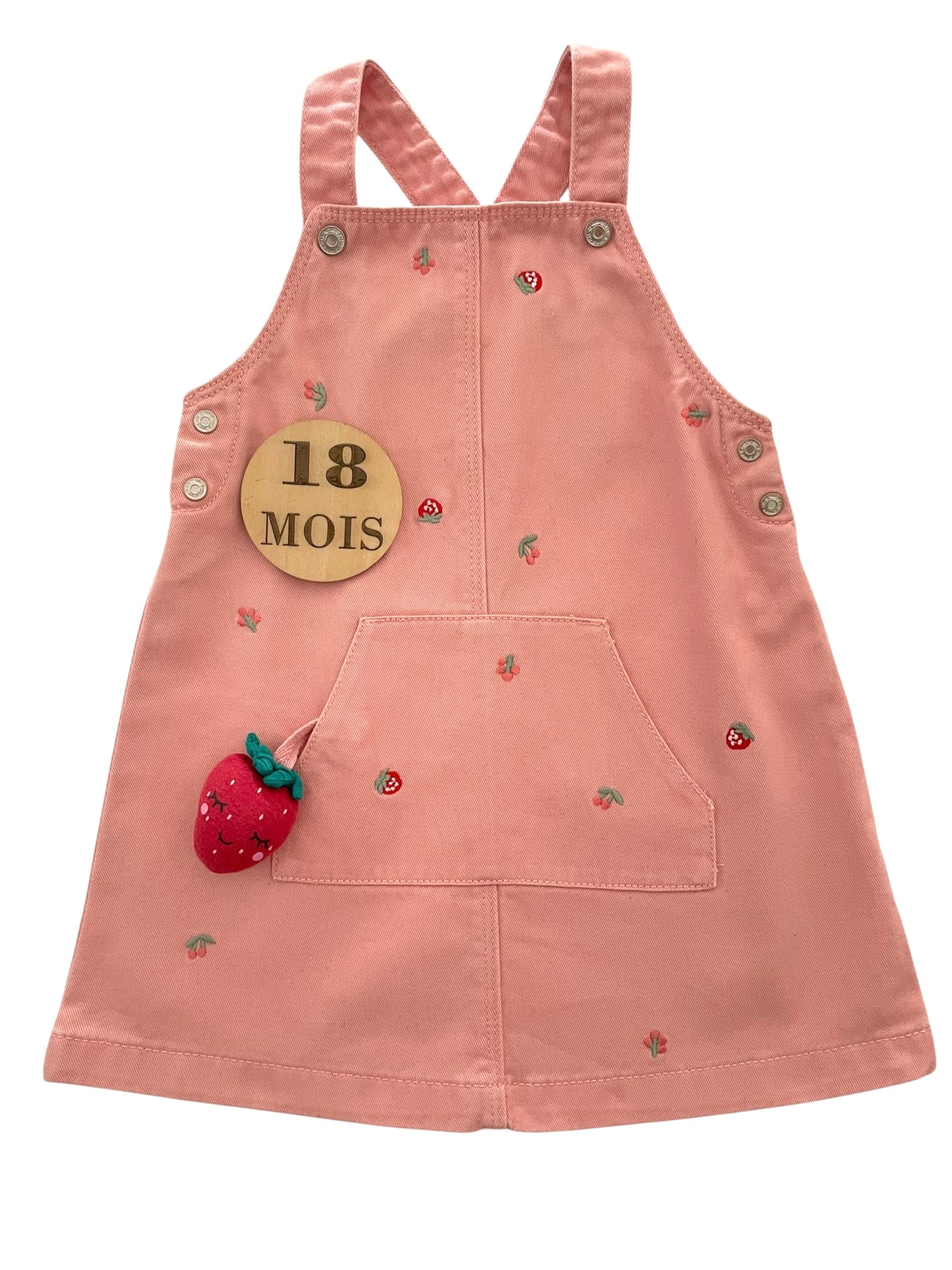 Robe salopette en jean rose, fraises, Sergent Major