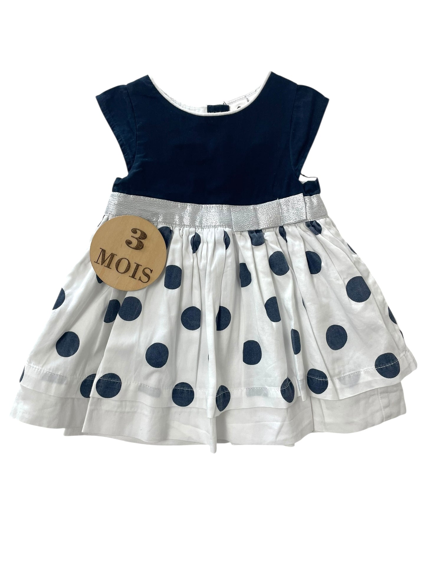 Robe bleu-nuit et blanche, à pois, grain de blé