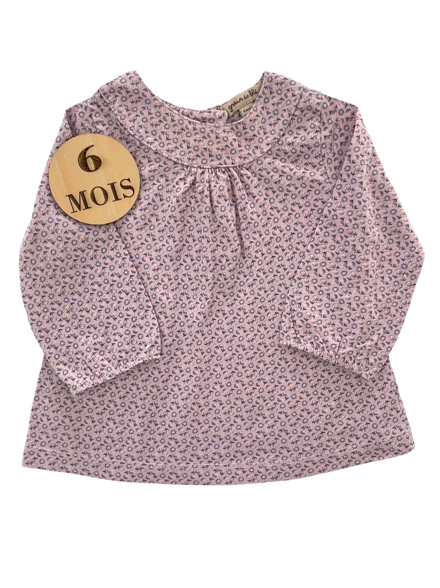 Blouse à col, violette fleurie, grain de blé