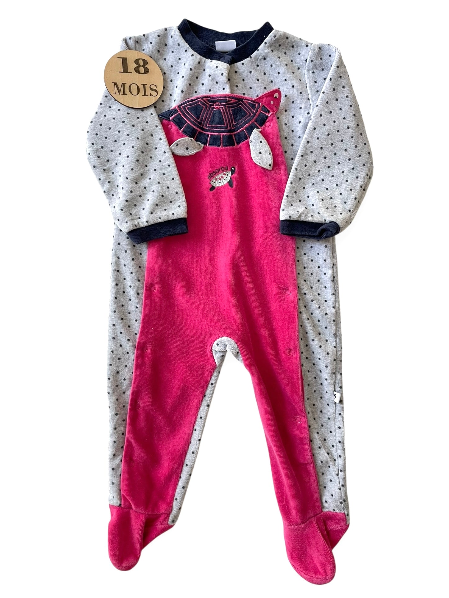 Pyjama velours, rose et gris, tortue, Absorba