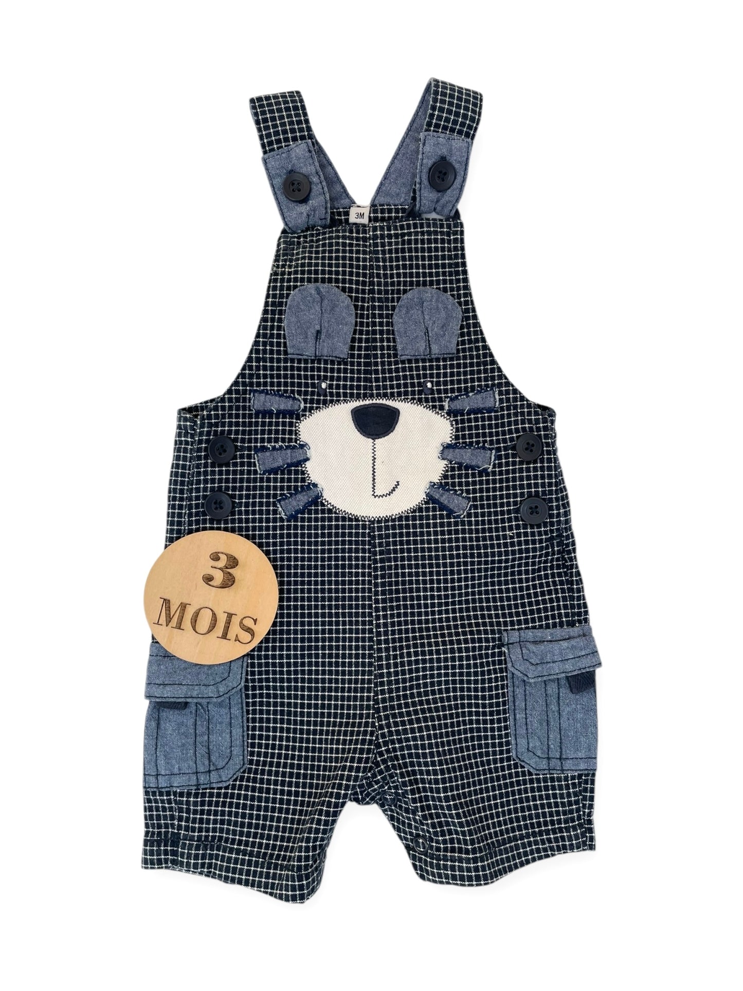 Salopette short, bleu-marine, à carreaux
