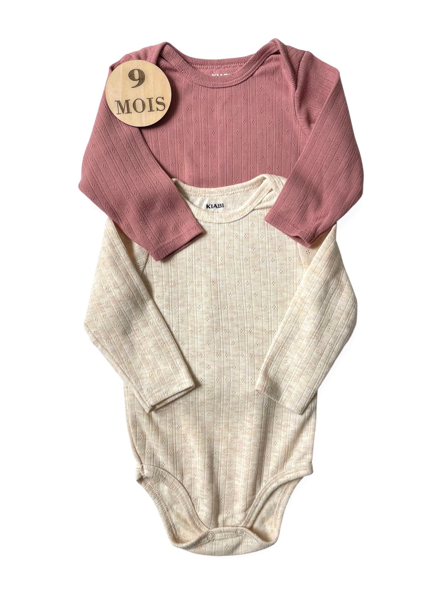 Lot de 2 bodies, coton épais, écru et rose, Kiabi