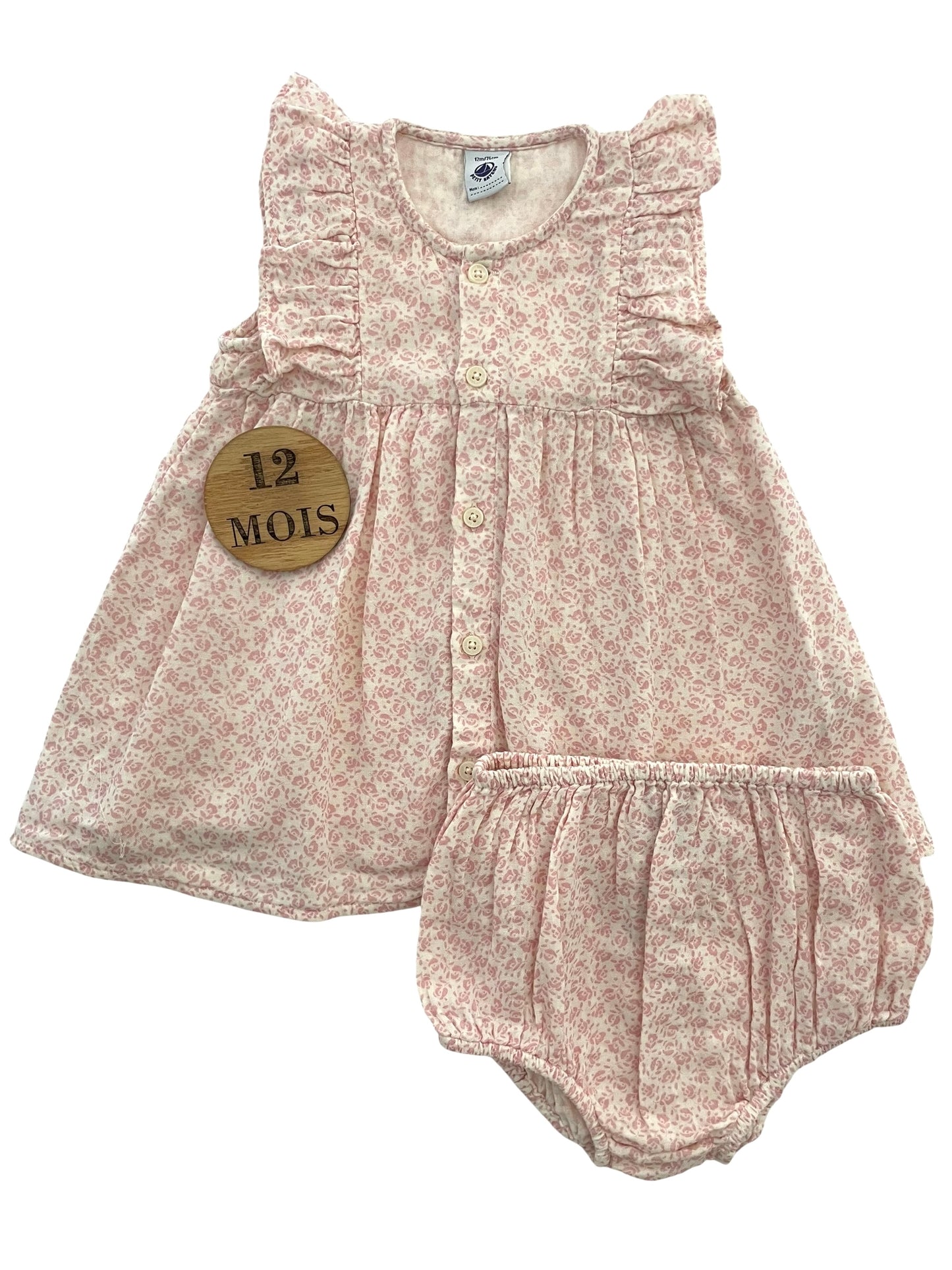 Robe + bloomer gaze de coton, roses, fleuris, Petit Bateau