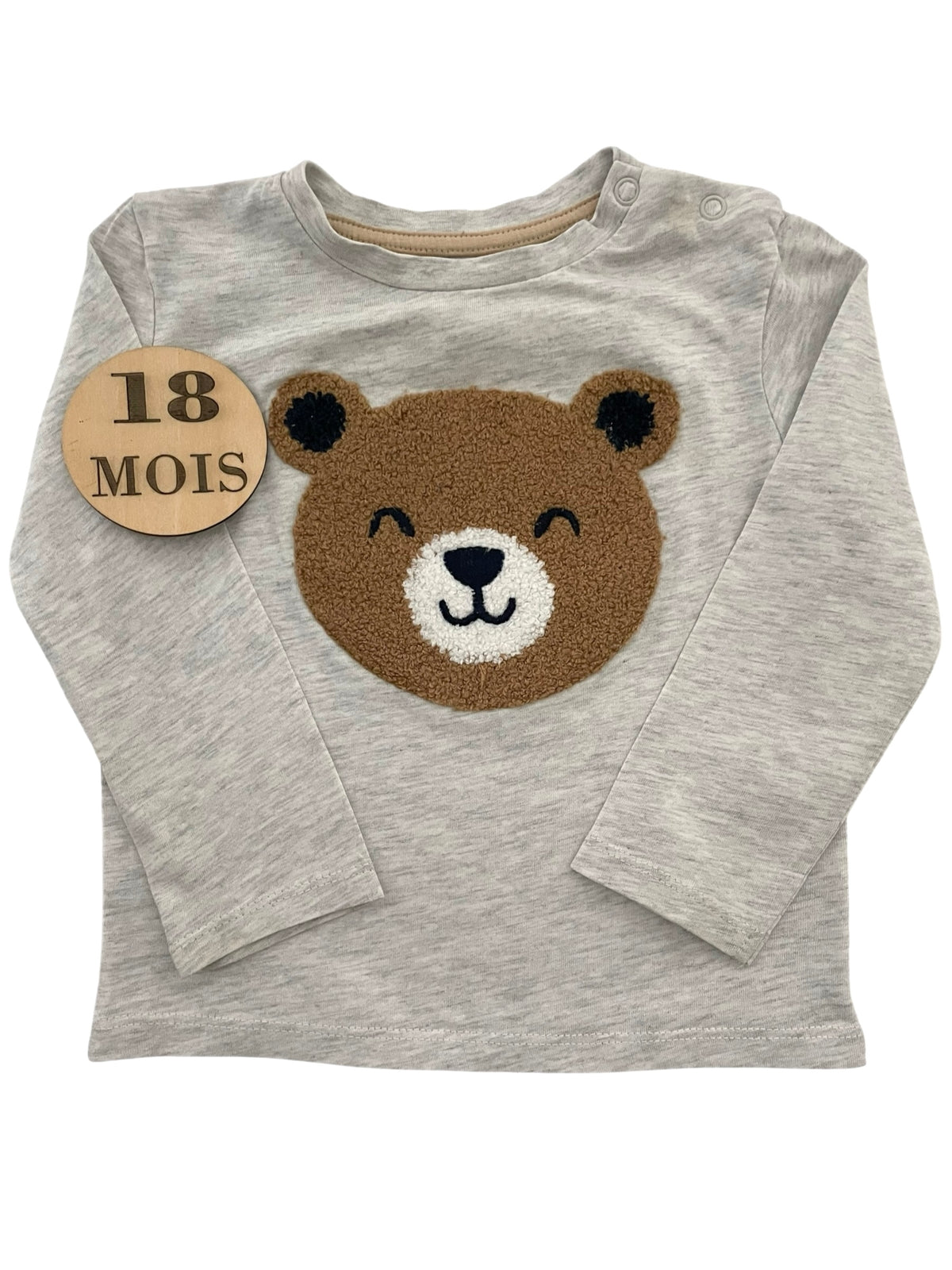 Tee-shirt gris, ourson, In extenso