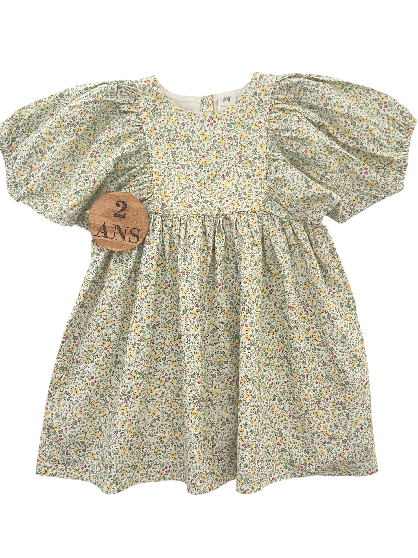 Robe manches bouffantes, verte fleurie, H&M