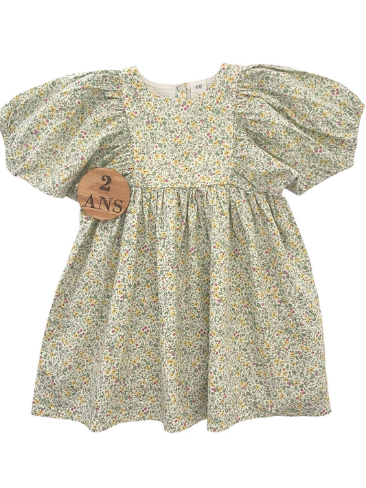 Robe manches bouffantes, verte fleurie, H&M