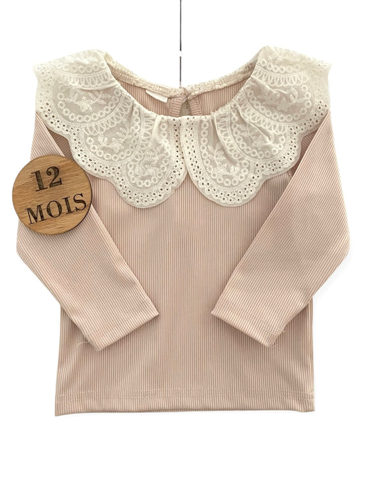 Tee-shirt côtelé à col, beige