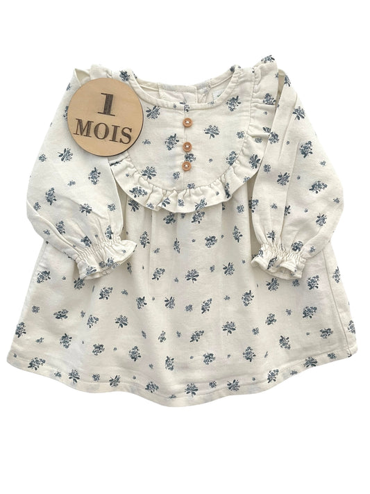 Robe écrue, fleurs bleues, Vertbaudet