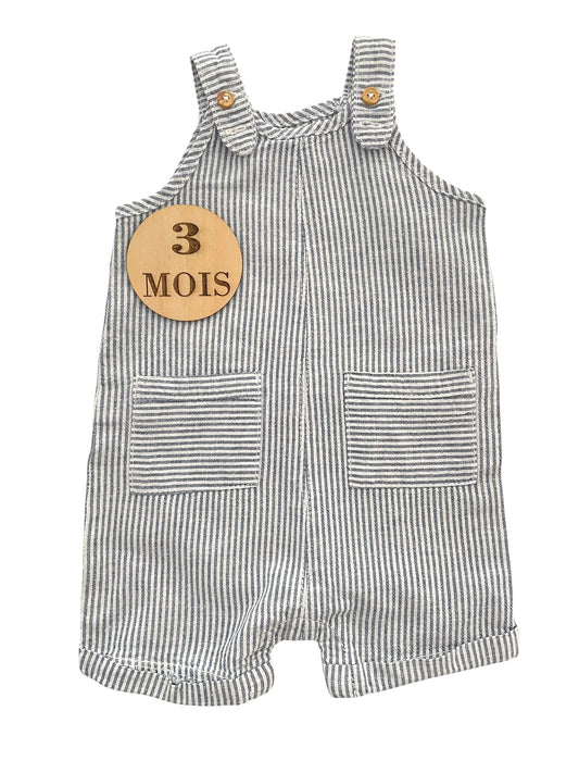 Salopette short rayée bleue, 30% lin, Vertbaudet