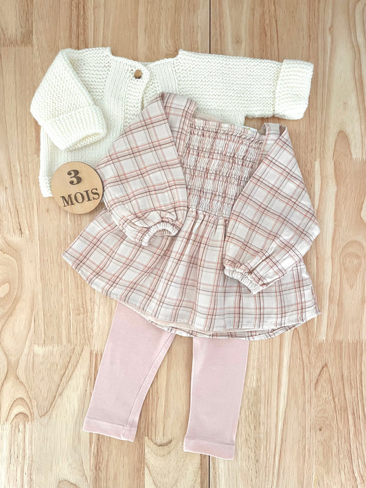 Ensemble 3 pièces, écru et rose