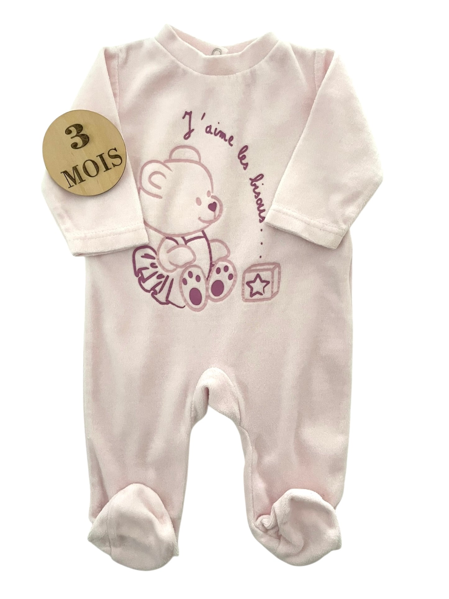 Pyjama velours, rose pâle, ourson