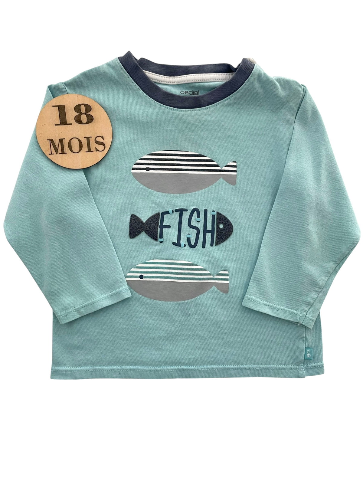Tee-shirt rayé, turquoise, poissons, Obaibi