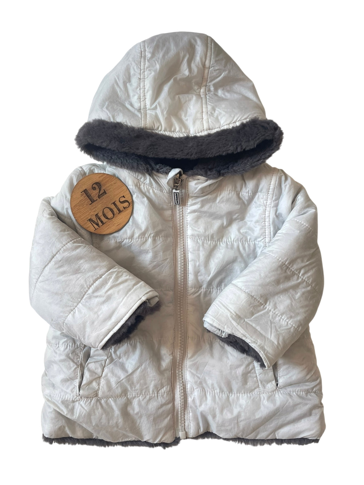 Blouson fausse fourrure, gris, réversible, Vertbaudet