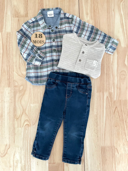 Ensemble 3 pièces; chemise, tee-shirt et jean