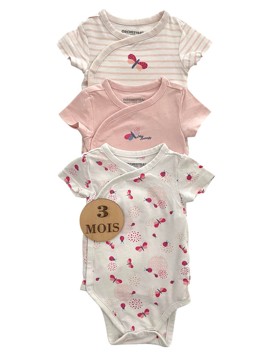 Lot 3 bodies roses, papillons/ coccinelles, TAO