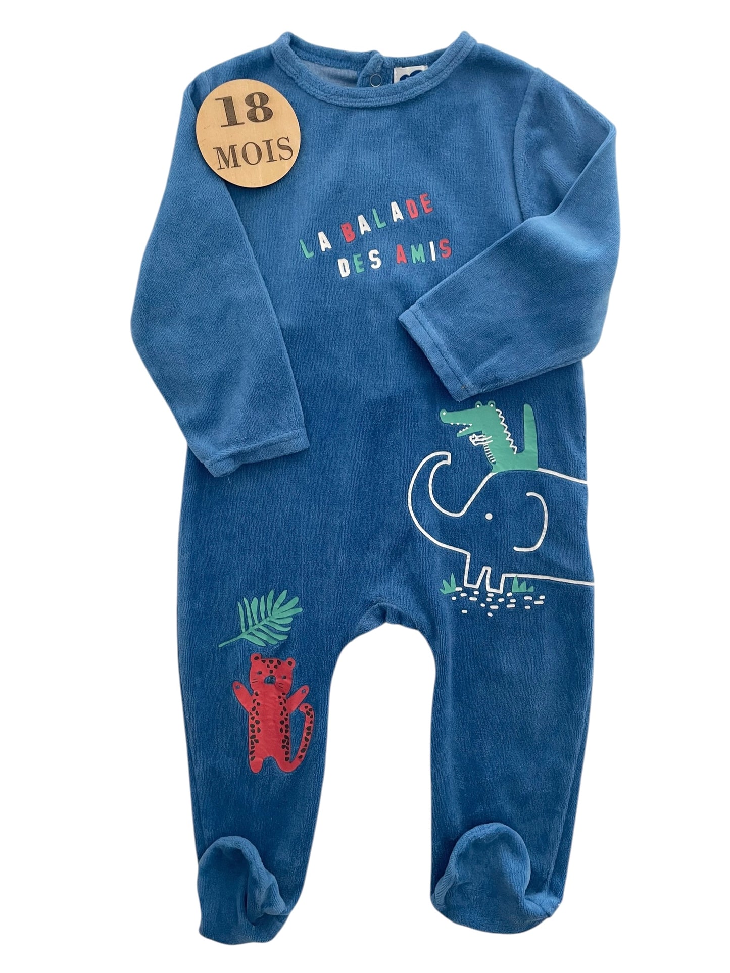 Pyjama velours, bleu, animaux, mots d’enfants