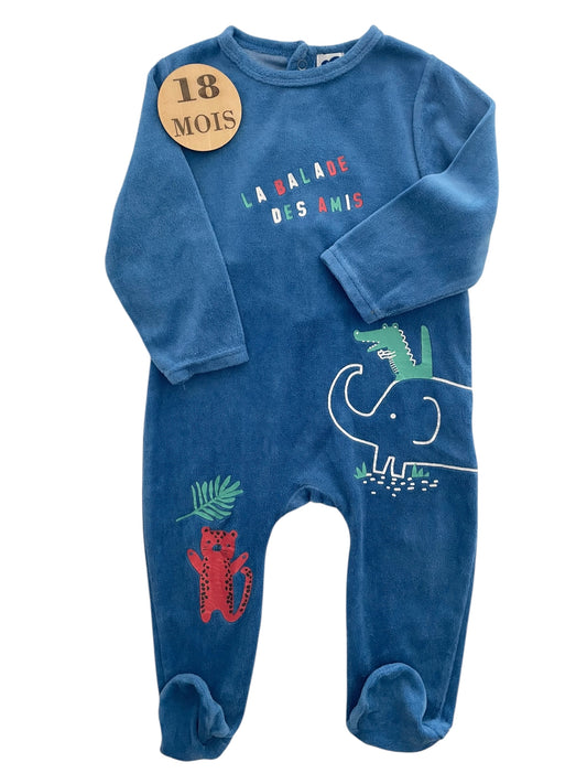 Pyjama velours, bleu, animaux, mots d’enfants