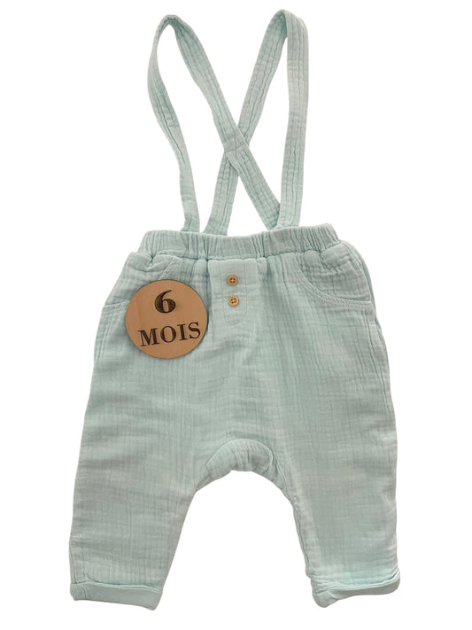 Pantalon à bretelles, gaze de coton, bleu ciel, In extenso