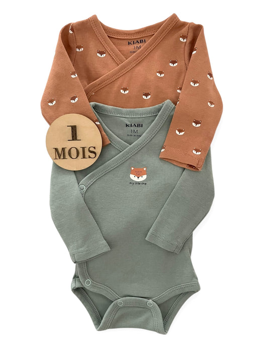 Lot 2 bodies, vert/ marron, renards, Kiabi