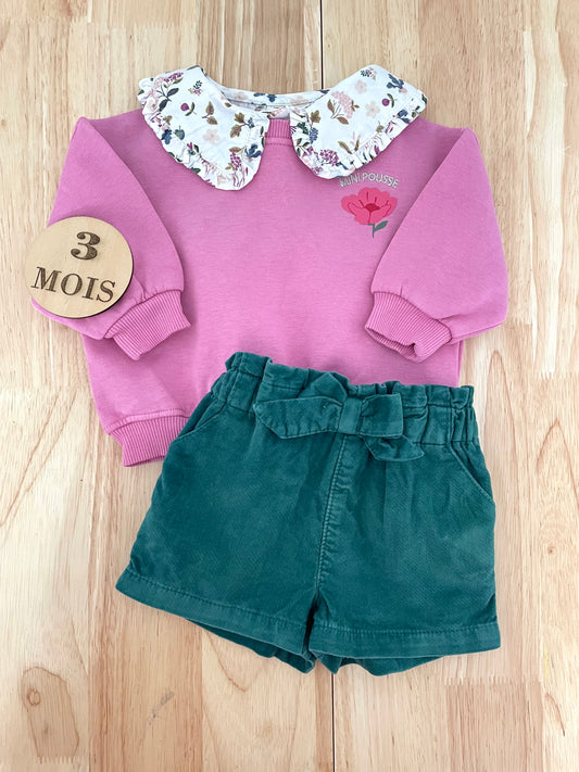 Ensemble 3 pièces ; sweat, chemisier et short en velours