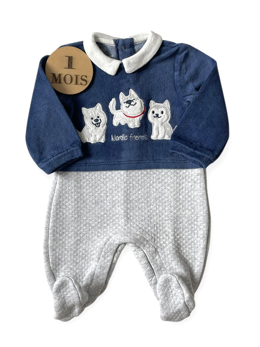 Pyjama bi-matière à col, bleu et gris, Prénatal