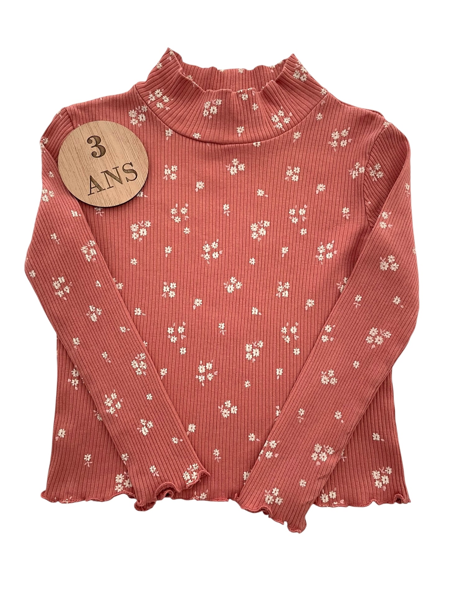 Sous-pull côtelé rose, fleuri, Kiabi