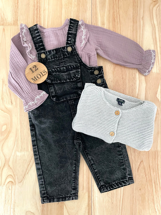 Ensemble 3 pièces; gilet, blouse, salopette