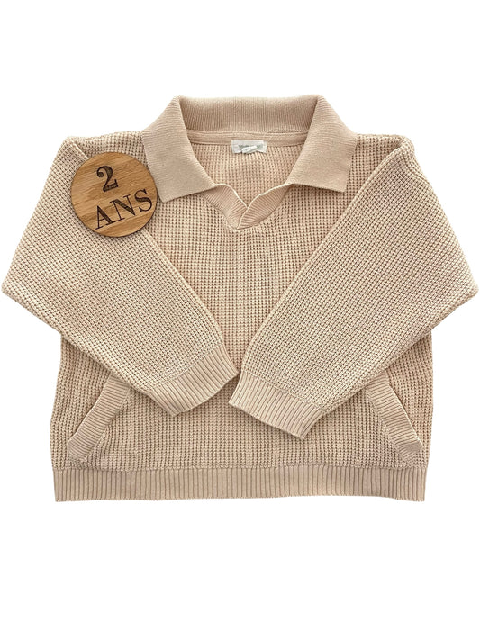 Pull à col, en mailles, beige, Vertbaudet