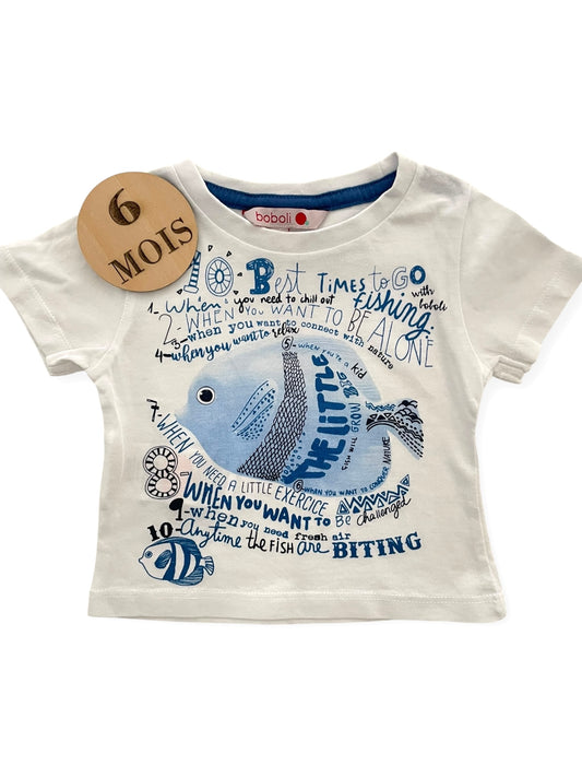 Tee-shirt bleu et blanc, poisson, Bobolì