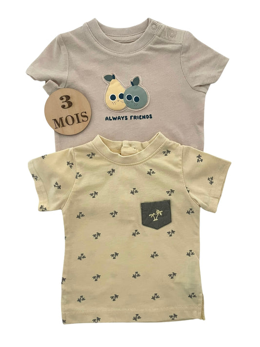 Lot 2 tee-shirt, jaune / crème