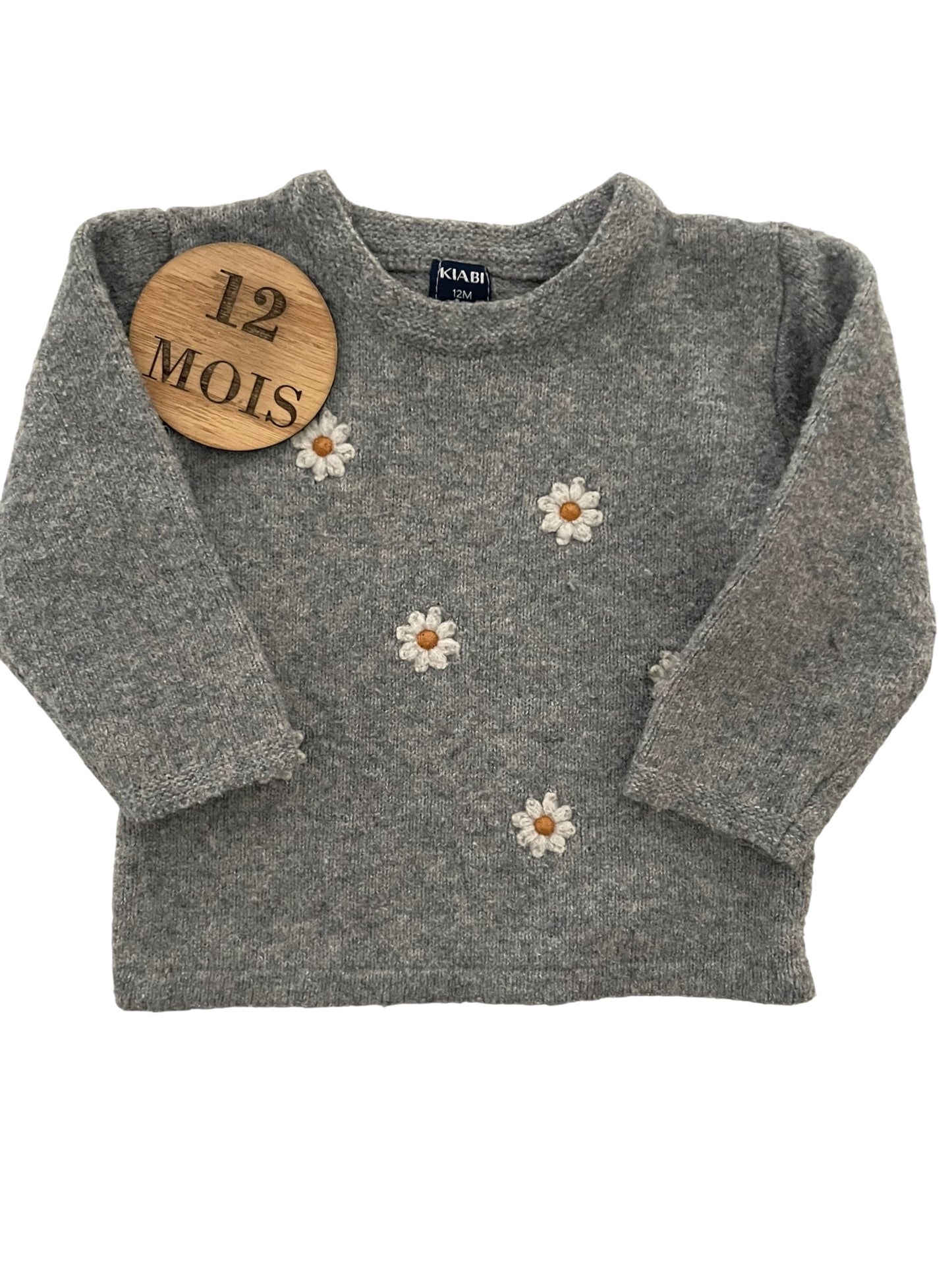 Pull en mailles gris, fleuri, Kiabi