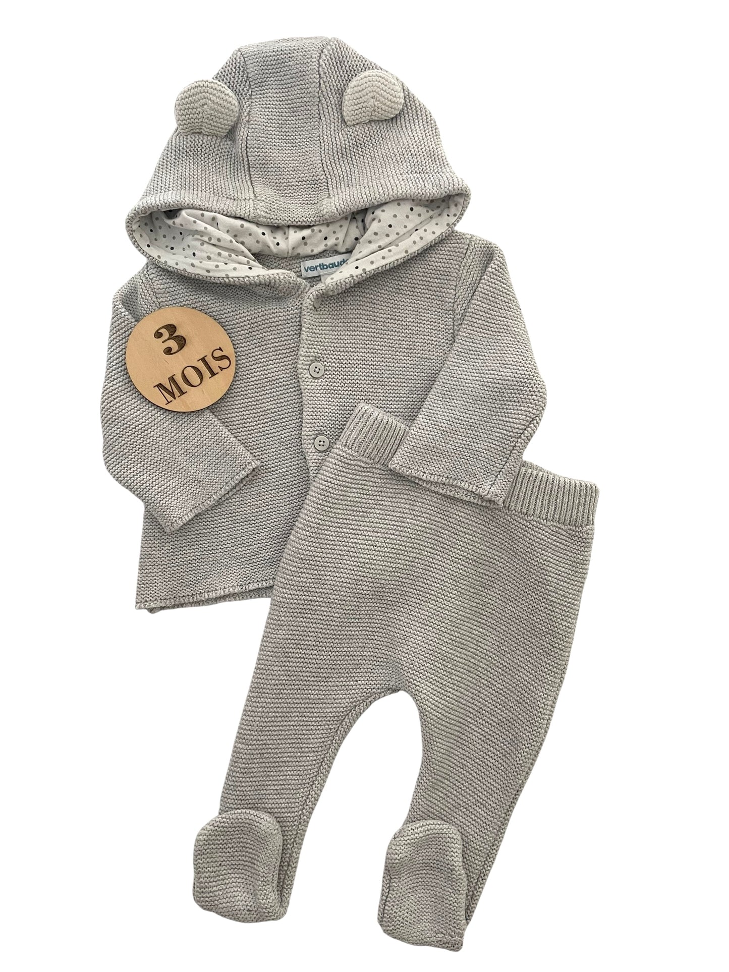 Ensemble point mousse, gilet et pantalon, gris, Vertbaudet