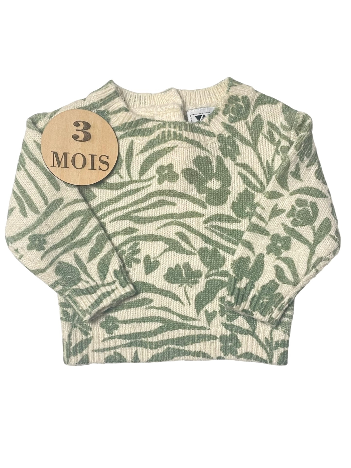 Pull en mailles, écru, fleurs vertes , TAO